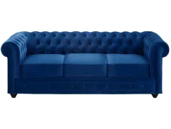Sofá De 3+2+1 Lugares Em Veludo Cor Azul Real - Chesterfield
