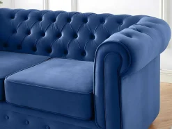 Sofá De 3+2+1 Lugares Em Veludo Cor Azul Real - Chesterfield
