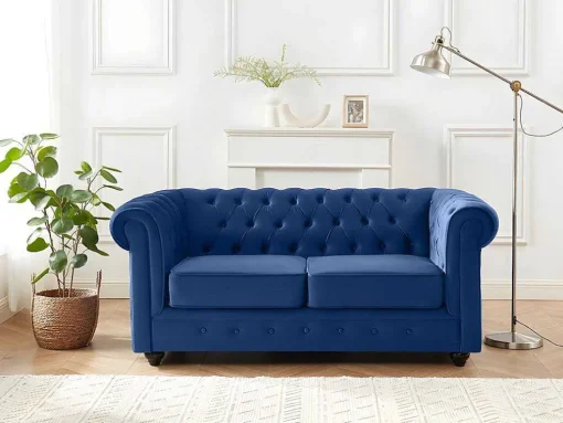 Sofá De 3+2+1 Lugares Em Veludo Cor Azul Real - Chesterfield
