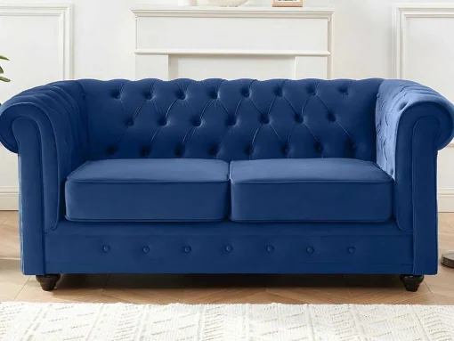Sofá De 3+2+1 Lugares Em Veludo Cor Azul Real - Chesterfield