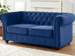 Sofá De 3+2+1 Lugares Em Veludo Cor Azul Real - Chesterfield