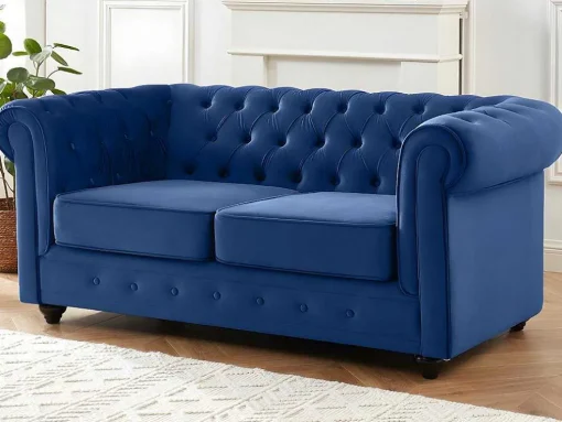 Sofá De 3+2+1 Lugares Em Veludo Cor Azul Real - Chesterfield