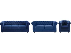 Sofá De 3+2+1 Lugares Em Veludo Cor Azul Real - Chesterfield