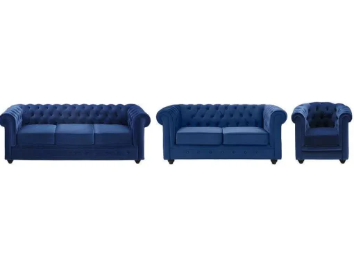 Sofá De 3+2+1 Lugares Em Veludo Cor Azul Real - Chesterfield