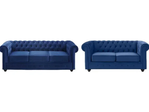 Sofá De 3+2 Lugares Em Veludo Cor Azul Real - Chesterfield