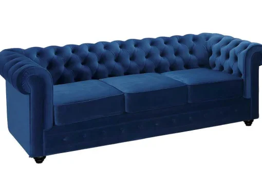 Sofá De 3+2+1 Lugares Em Veludo Cor Azul Real - Chesterfield