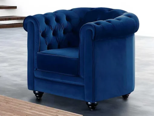 Sofá De 3+2+1 Lugares Em Veludo Cor Azul Real - Chesterfield