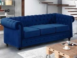 Sofá De 3+2+1 Lugares Em Veludo Cor Azul Real - Chesterfield