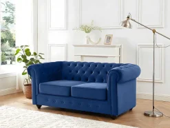 Sofá De 3+2+1 Lugares Em Veludo Cor Azul Real - Chesterfield