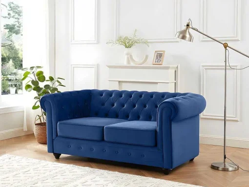 Sofá De 3+2+1 Lugares Em Veludo Cor Azul Real - Chesterfield