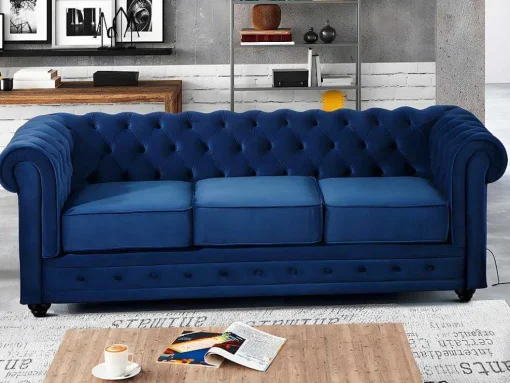 Sofá De 3+2+1 Lugares Em Veludo Cor Azul Real - Chesterfield