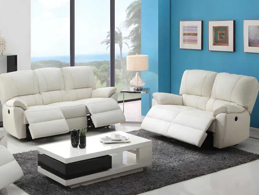 Sofá De 3+2 Lugares Relax Eletrico Em Pele Marfim - Marcis