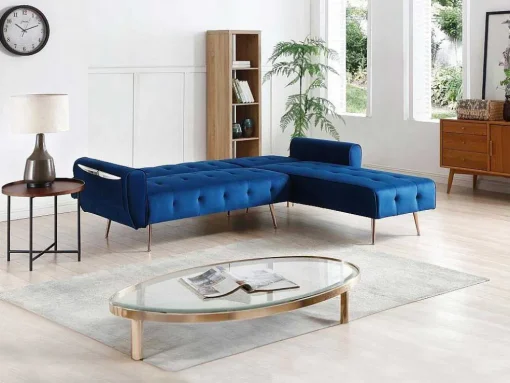Sofá De Canto Convertivel E Reversivel Em Veludo Azul-Escuro - Polani