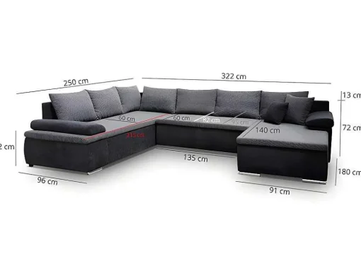 Sofá De Canto Panorâmico Convertivel Em Cama E Reversivel Em Pele Sintética E Tecido Bicolor Preto E Cinzento - Dakota