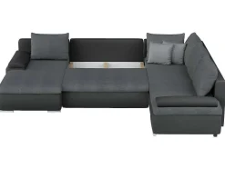 Sofá De Canto Panorâmico Convertivel Em Cama E Reversivel Em Pele Sintética E Tecido Bicolor Preto E Cinzento - Dakota