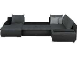 Sofá De Canto Panorâmico Convertivel Em Cama E Reversivel Em Pele Sintética E Tecido Bicolor Preto E Cinzento - Dakota