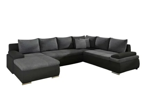 Sofá De Canto Panorâmico Convertivel Em Cama E Reversivel Em Pele Sintética E Tecido Bicolor Preto E Cinzento - Dakota