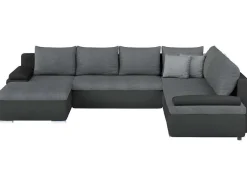 Sofá De Canto Panorâmico Convertivel Em Cama E Reversivel Em Pele Sintética E Tecido Bicolor Preto E Cinzento - Dakota