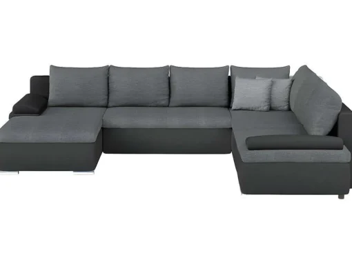 Sofá De Canto Panorâmico Convertivel Em Cama E Reversivel Em Pele Sintética E Tecido Bicolor Preto E Cinzento - Dakota