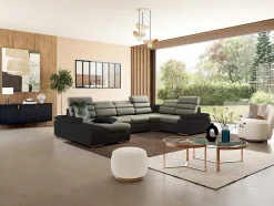 Sofá De Canto Panorâmico Convertivel Em Cama Em Tecido E Pele Sintética Bicolor Bege E Castanho - Canto Esquerdo - Boileau