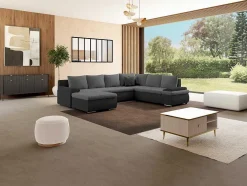 Sofá De Canto Panorâmico Convertivel Em Cama E Reversivel Em Pele Sintética E Tecido Bicolor Preto E Cinzento - Dakota
