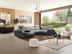 Sofá De Canto Panorâmico Modular Em Tecido E Pele Sintética Bicolor Cinzento Claro E Cinzento Escuro - Canto Esquerdo - Boileau
