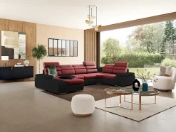 Sofá De Canto Panorâmico Modular Em Tecido E Pele Sintéticabicolor Vermelho E Preto - Canto Esquerdo - Boileau