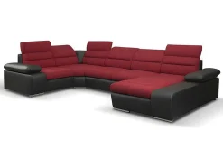 Sofá De Canto Panorâmico Modular Em Tecido E Pele Sintéticabicolor Vermelho E Preto - Canto Direito - Boileau