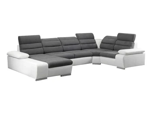 Sofá De Canto Panorâmico Modular Em Tecido E Pele Sintéticabicolor Cinzento E Branco - Canto Esquerdo - Boileau