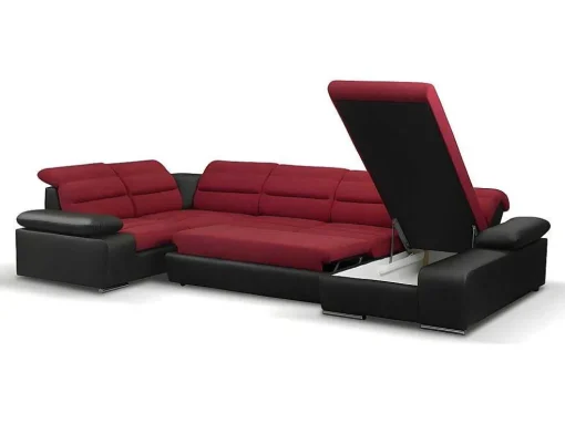 Sofá De Canto Panorâmico Modular Em Tecido E Pele Sintéticabicolor Vermelho E Preto - Canto Direito - Boileau