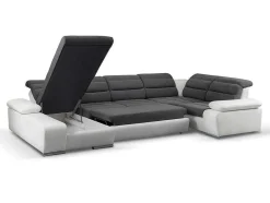 Sofá De Canto Panorâmico Modular Em Tecido E Pele Sintéticabicolor Cinzento E Branco - Canto Esquerdo - Boileau