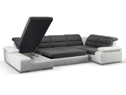 Sofá De Canto Panorâmico Modular Em Tecido E Pele Sintéticabicolor Cinzento E Branco - Canto Esquerdo - Boileau