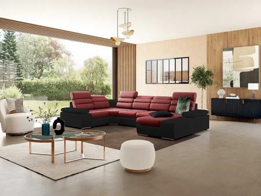 Sofá De Canto Panorâmico Modular Em Tecido E Pele Sintéticabicolor Vermelho E Preto - Canto Direito - Boileau