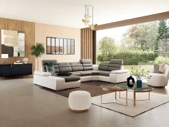 Sofá De Canto Panorâmico Modular Em Tecido E Pele Sintéticabicolor Cinzento E Branco - Canto Esquerdo - Boileau