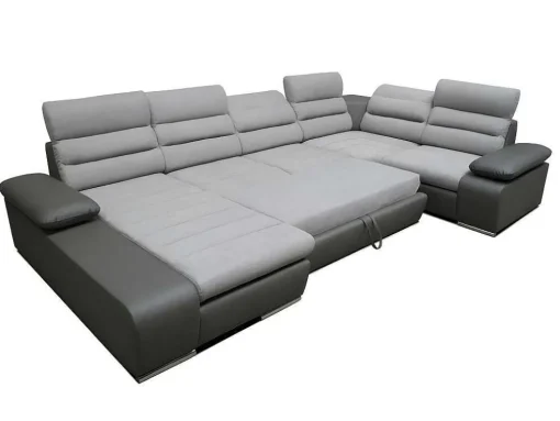 Sofá De Canto Panorâmico Modular Em Tecido E Pele Sintética Bicolor Cinzento Claro E Cinzento Escuro - Canto Esquerdo - Boileau