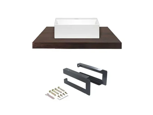 Suporte Suspenso Em Teca Escura Com Esquadros De Fixacao Pretos E Lavatório De 80 X 50 Cm - Sukawati