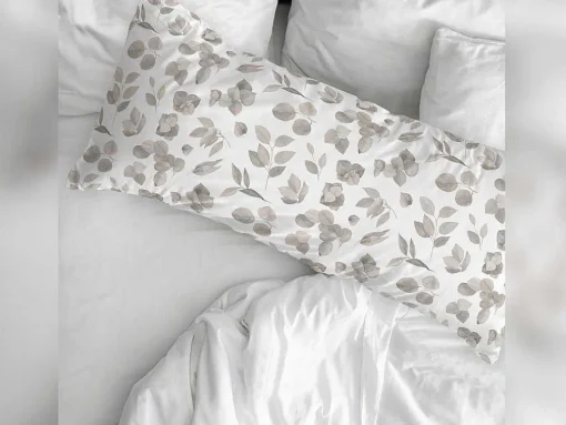Taie D'Oreiller 100% Coton 1 Piece Blanc A Fleurs Beiges 45X125