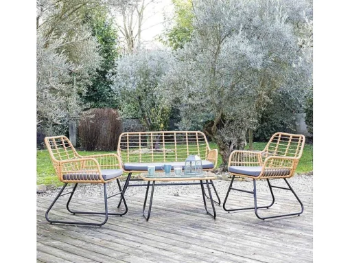 Tiga Mobiliário De Jardim Conjunto Em Resina Tecida 4 Assentos - Almofadas Cinzentas