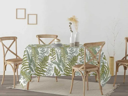 Toalha De Mesa Resistente As Manchas 100% Algodao Motivos Vegetais Em Tons De Verde