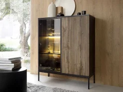 Vitrina 2 Portas Com Leds Mdf E Vidro Fumado Preto E Natural - Ovila