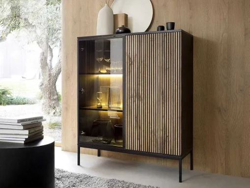 Vitrina 2 Portas Com Leds Mdf E Vidro Fumado Preto E Natural - Ovila