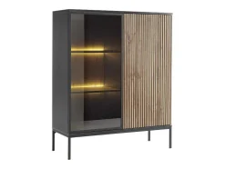 Vitrina 2 Portas Com Leds Mdf E Vidro Fumado Preto E Natural - Ovila