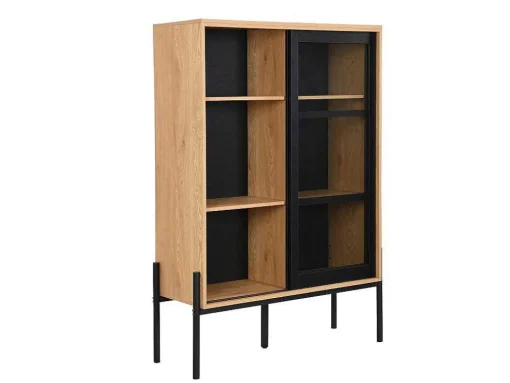 Vitrina Com 2 Portas Deslizantes Natural Claro E Preto - Memphis Ii